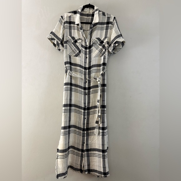 Cloth & Stone Anthropologie Plaid Button Front Linen Blend Shirt Dress L - Picture 4 of 10